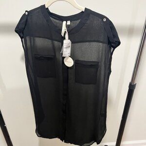 Black Sheer Sleeveless Button-Up